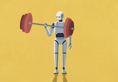 Humanoid robot weightlifting, lifting heavy barbell with one arm Ilustración de archivo