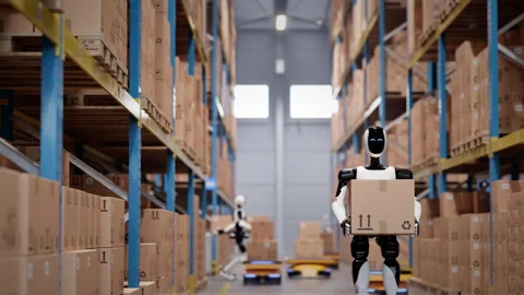 Humanoid robot worker walking with cardboard box in automated warehouse Stock Footage 329178168