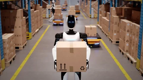 Humanoid robot worker walking with cardboard box in automated warehouse Stock Footage 329178379