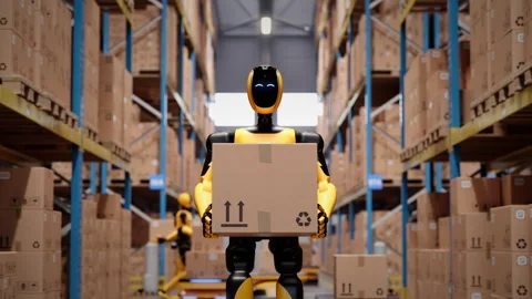Humanoid robot worker walking with cardboard box in automated warehouse Stock Footage 329510464