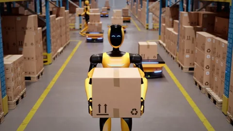 Humanoid robot worker walking with cardboard box in automated warehouse Stock Footage 329511014