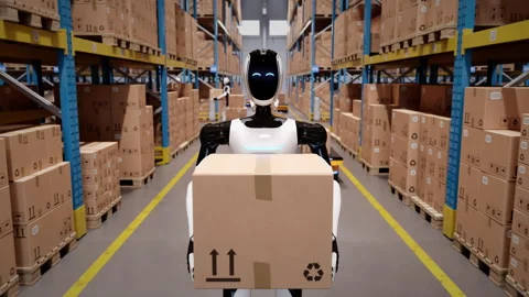 Humanoid robot worker walking with cardboard box in automated warehouse Stock Footage 330465874
