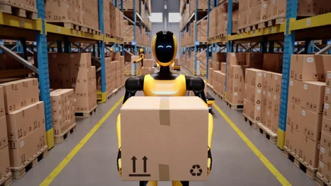 Humanoid robot worker walking with cardboard box in automated warehouse Stock Footage 330465922