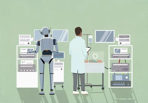 Humanoid robot working alongside neonatal intensive care unit doctor watching Stock Illustration