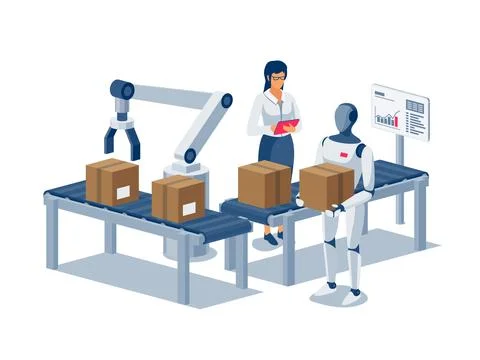 Humanoid robot working on assembly line near conveyor bolt Stock Illustration