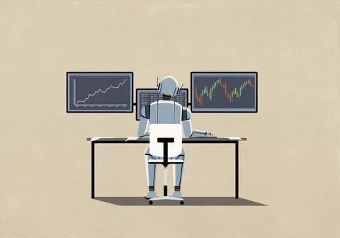 Humanoid robot working at computer monitors with financial data Stock Illustration