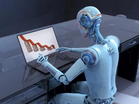 A humanoid robot working with laptop studying economy chart, conceptual 3D .. Illustrazione stock
