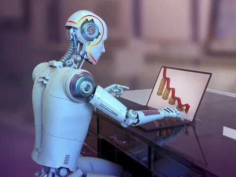 A humanoid robot working with laptop studying economy chart, conceptual 3D .. イラスト素材