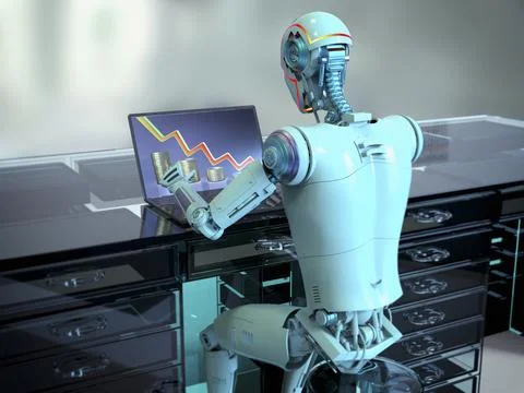 A humanoid robot working with laptop studying economy chart, conceptual 3D il イラスト素材
