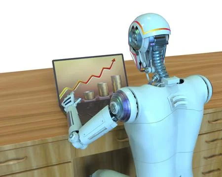 A humanoid robot working with laptop studying economy chart, conceptual 3D .. Stock Illustration