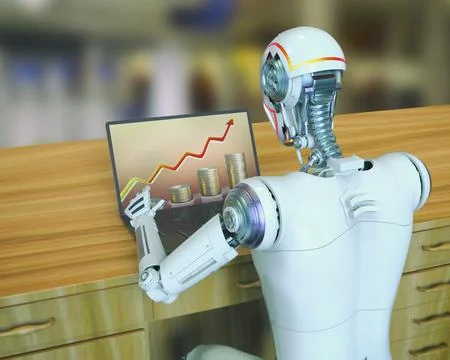 A humanoid robot working with laptop studying economy chart, conceptual 3D .. Stock Illustration