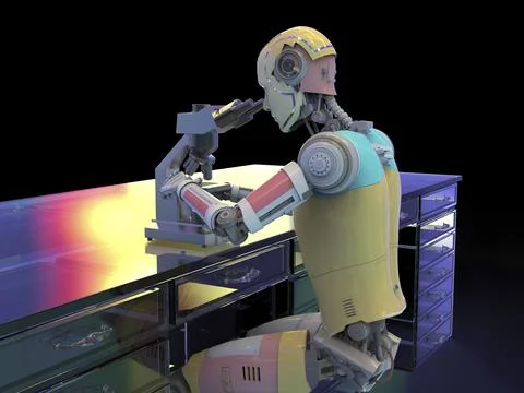 Humanoid robot working with microscope, illustration Illustrazione stock