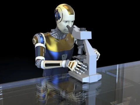 Humanoid robot working with microscope, illustration Stock Illustration