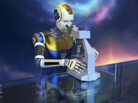 Humanoid robot working with microscope, illustration Stock Illustration