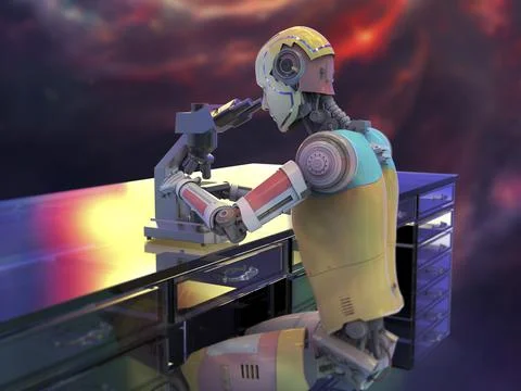 Humanoid robot working with microscope, illustration Stock Illustration