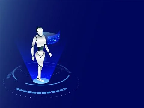 Humanoid robot working with virtual display interface on blue background. R.. Illustrazione stock