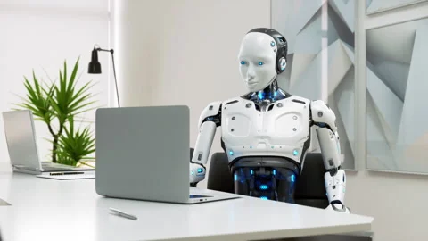 A humanoid robot works in an office on a laptop Stock Footage 262574079