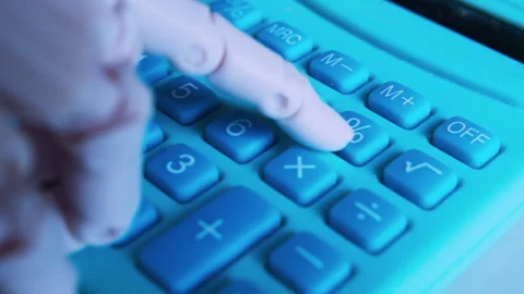 Humanoid robotic hand typing on an office calculator in first-person view Stock Footage 337912533