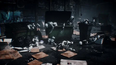 Humanoid Robots Abandoned in a garbade, Symbolizing Obsolete Technology Vídeos de archivo 347319694
