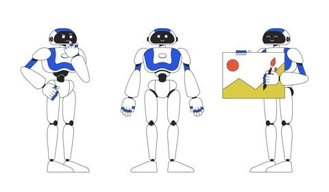 Humanoid robots AI performing tasks linear flat color vector characters set 库存插图