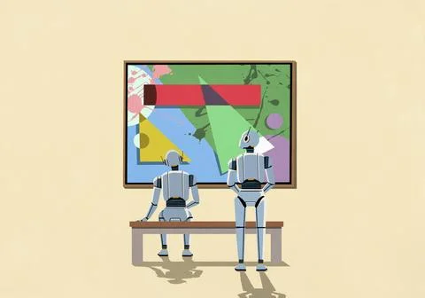 Humanoid robots analyzing painting hanging on wall in art museum Illustrazione stock