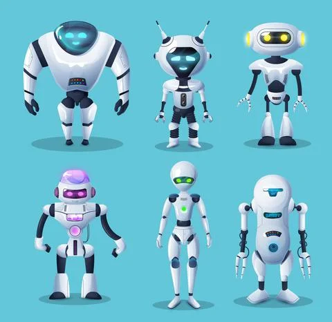 Humanoid robots and androids vector characters set Иллюстрация