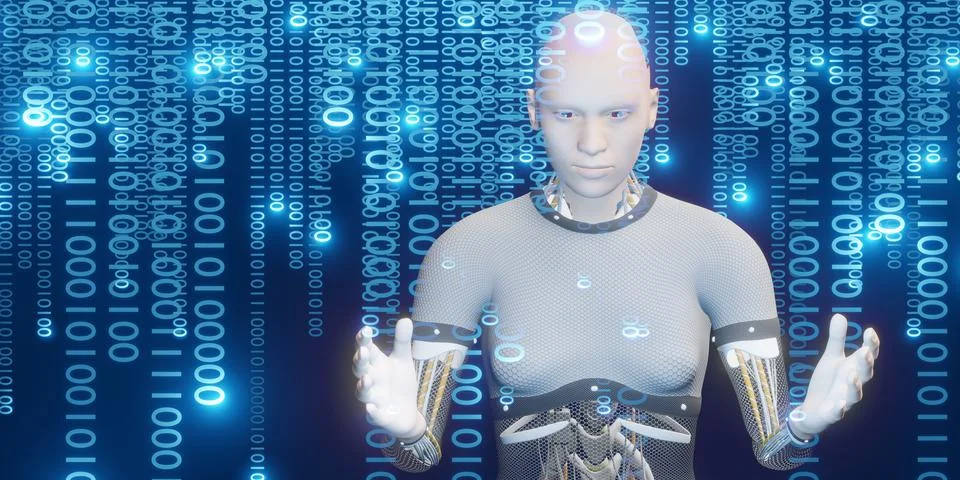Humanoid robots and binary code AI big data analysis and artificial intelli.. Ilustração Stock
