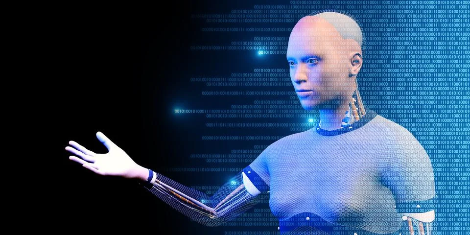 Humanoid robots and binary code AI big data analysis and artificial intelli.. Stockillustratie