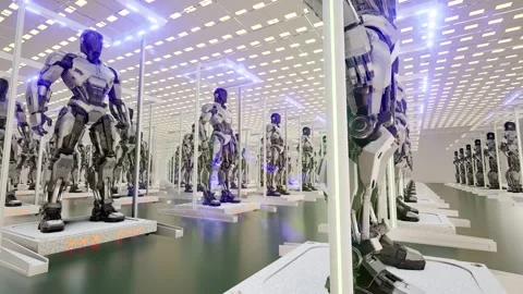 Humanoid robots in a factory industry technology tech bg Video stock 333552351