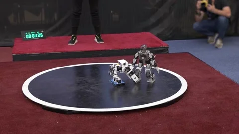 Humanoid robots fighting in the arena Stock Footage 255643246