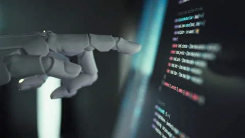 Humanoid robots inanimate hand resembling prosthesis moves precision to writ Stock Footage 331475694