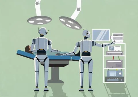 Humanoid robots performing surgery on patient in hospital operating room Stock Illustration