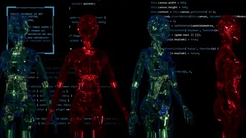 Humanoid robots rotating on black background with programming code 動画素材 321594290