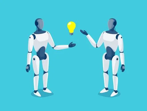 Humanoid robots standing and talking about idea Stock Illustration