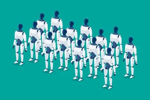 Humanoid robots workers army standing ready Stock Illustration