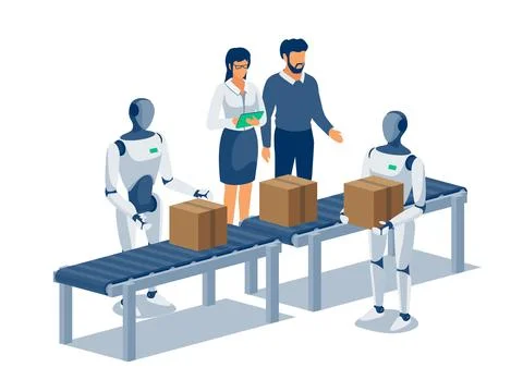 Humanoid robots working on assembly line near conveyor bolt Stock Illustration