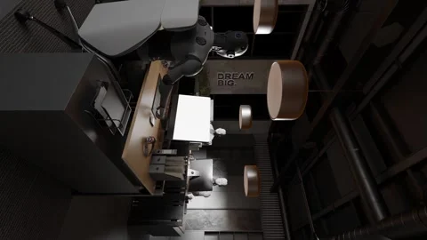 Humanoid robots working at computer desks in modern office with yellow Stock Footage 310972643