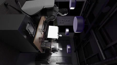 Humanoid robots working at computer desks in modern office with purple Stock Footage 310972653