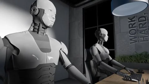 Humanoid robots working at desks with computers in modern office interior with Stock Footage 312027650