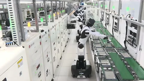 Humanoid Robots Working on an Electronics Assembly Line in China Stock Footage 338419062