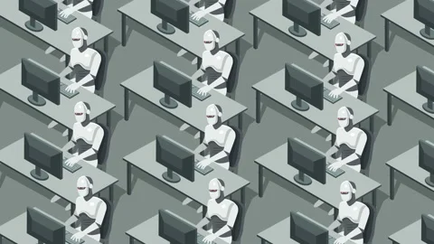 Humanoid robots works on the computer. Futuristic artificial intelligence 스톡 동영상 119910894