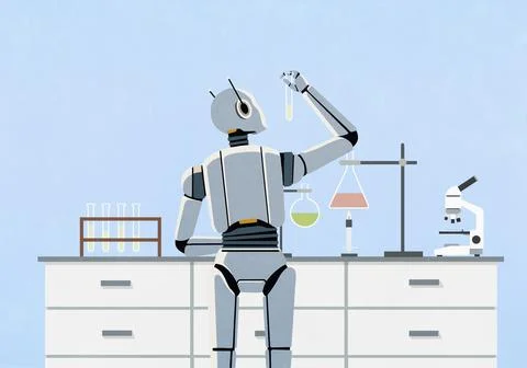Humanoid scientist robot working in science laboratory, examining liquid in test Stock-Illustration