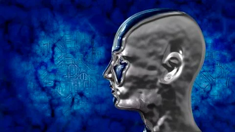 Humanoid tech head at background with electronic circuits Illustrazione stock