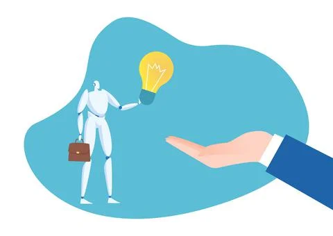 Humanoid tiny android business robot hold creative idea light bulb with Stockillustratie