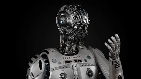 HUMANOID UNMASKED LOOKING AT ARM Stock Footage 255943846