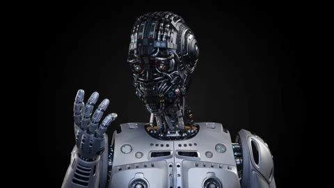 HUMANOID UNMASKED LOOKING AT ARMS Video stock 255944009