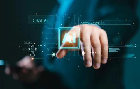 Humans are using technology, smart robot AI circuit boards, and entering a .. Stock Photos
