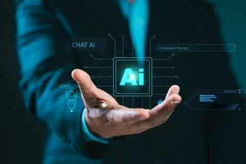 Humans are using technology, smart robot AI circuit boards, and entering a .. Stock Photos