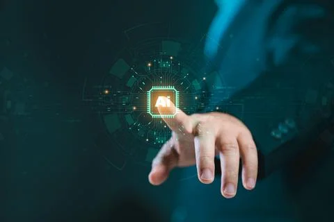 Humans are using technology, smart robot AI circuit boards, and entering a .. Stock Photos