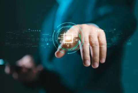 Humans are using technology, smart robot AI circuit boards, and entering a .. Stock Photos